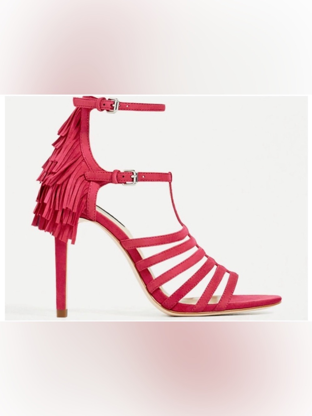 NWT- Zara Basic Pink Fringe Strappy High Heel Sandal - Size 38 US 7.5